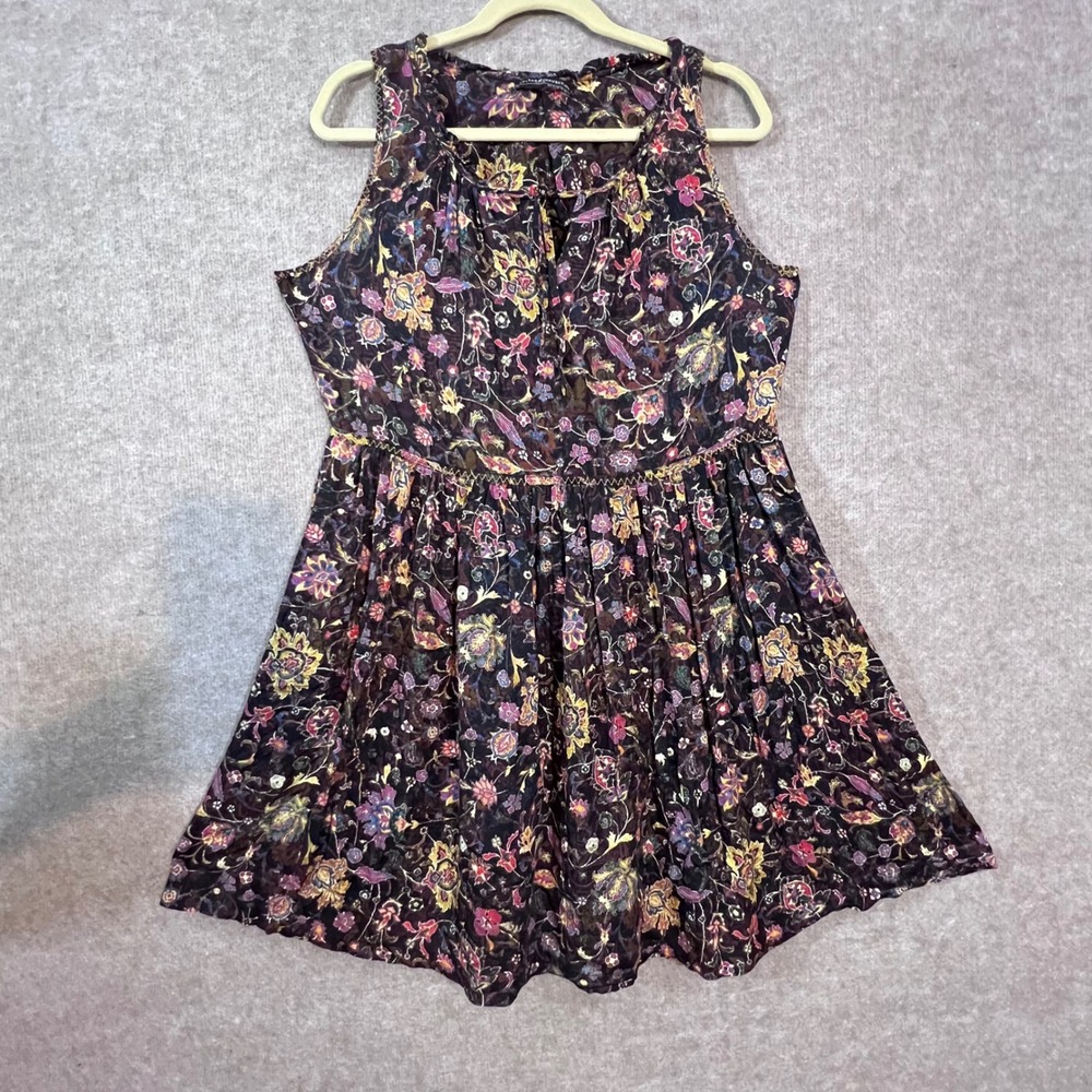 Peruvian Connection Floral Sleeveless Dress Womens 14 Black Boho Artsy Viscose